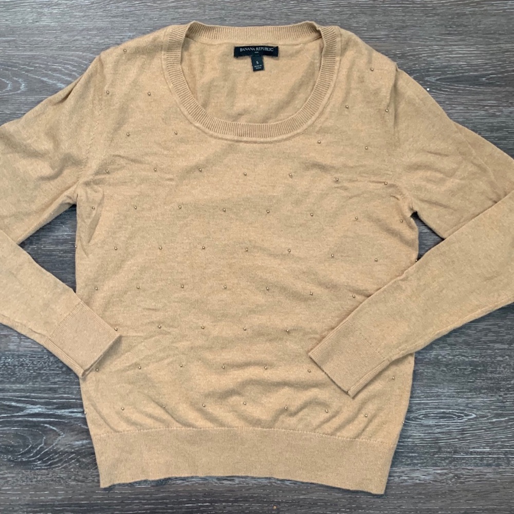Banana Republic Tan Sweater w Gold bead details S